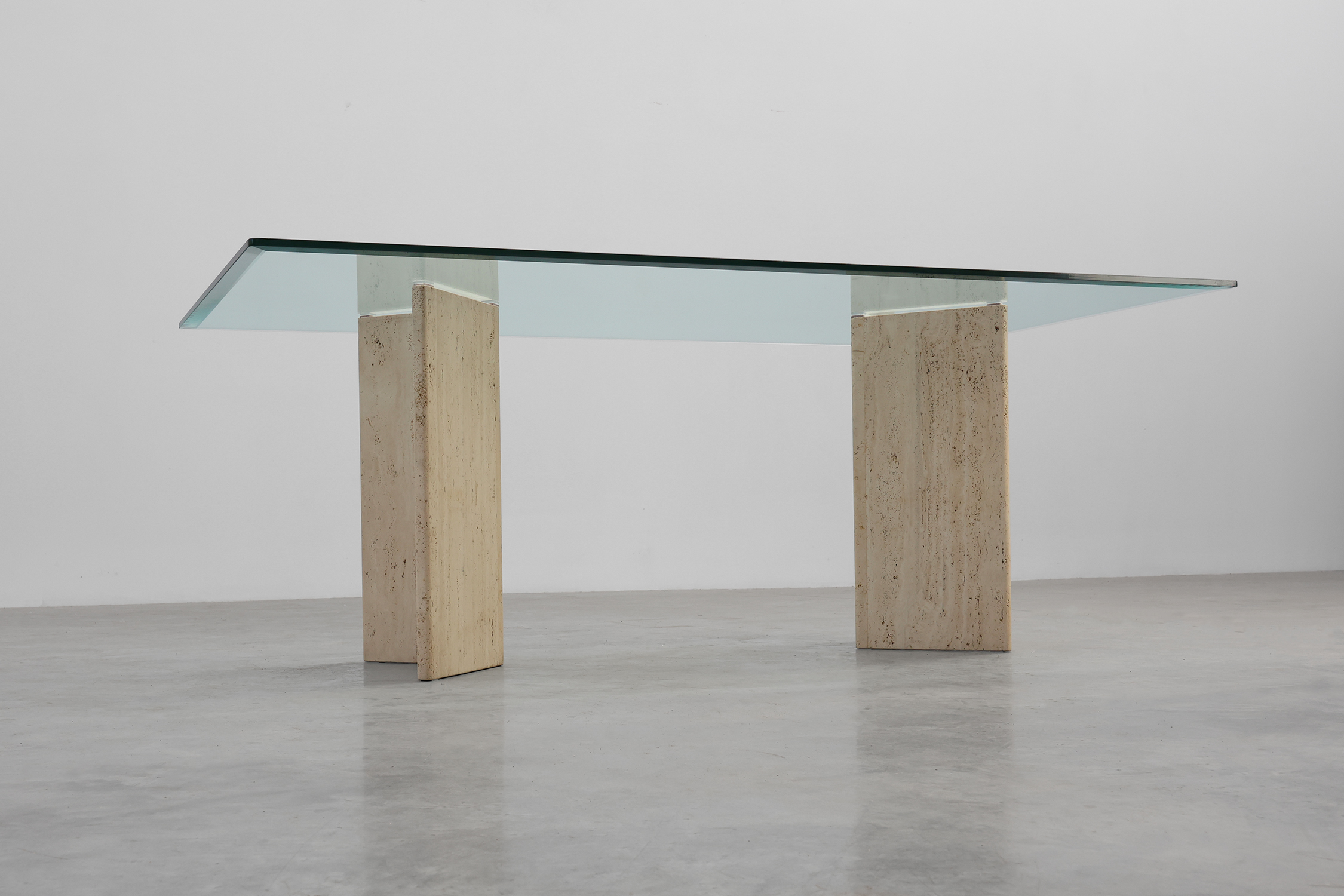 Mid‑Century Italian Dining Table with Glass Top and Travertine Base, 1970sthumbnail